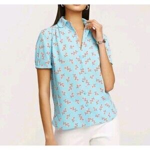 EUC Anne Klein Sz L Short Sleeve Preppy Chic Career Academia Floral Blouse Corp